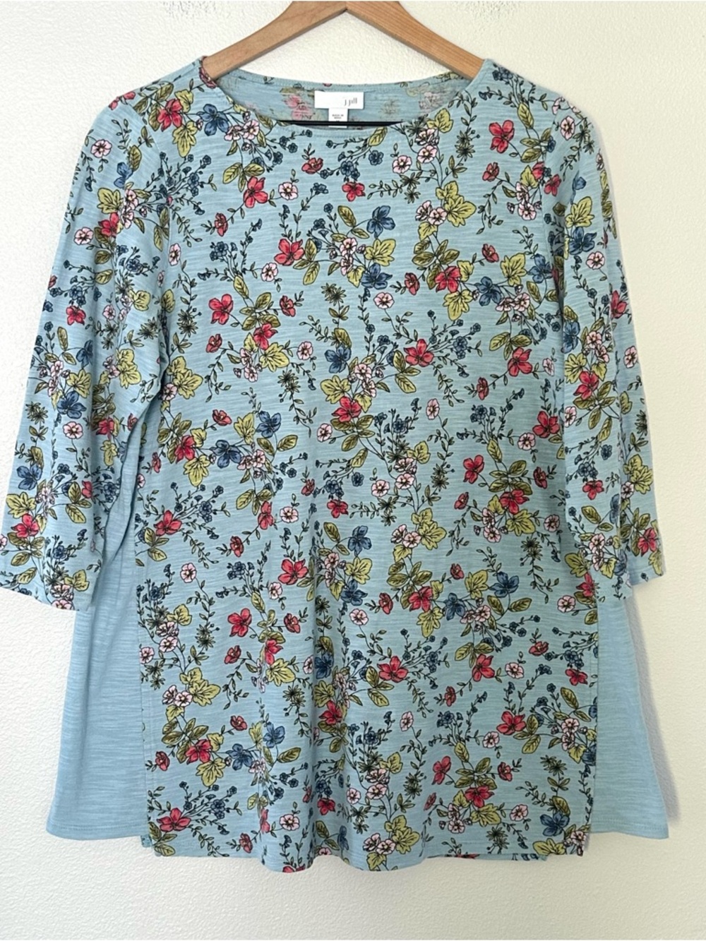 J Jill 100% Cotton Blue Floral  3/4 Sleeve Tunic Round Neck Lagenlook Classic